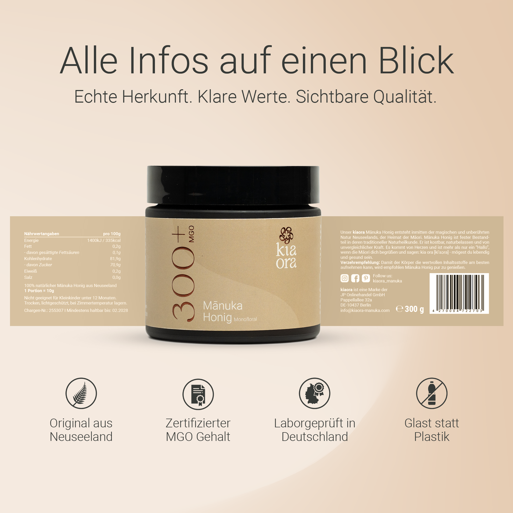 Alle wichtigen Informationen zu Kiaora Manuka Honig MGO 300+ mit Herkunft, Zertifikat und Braunglas