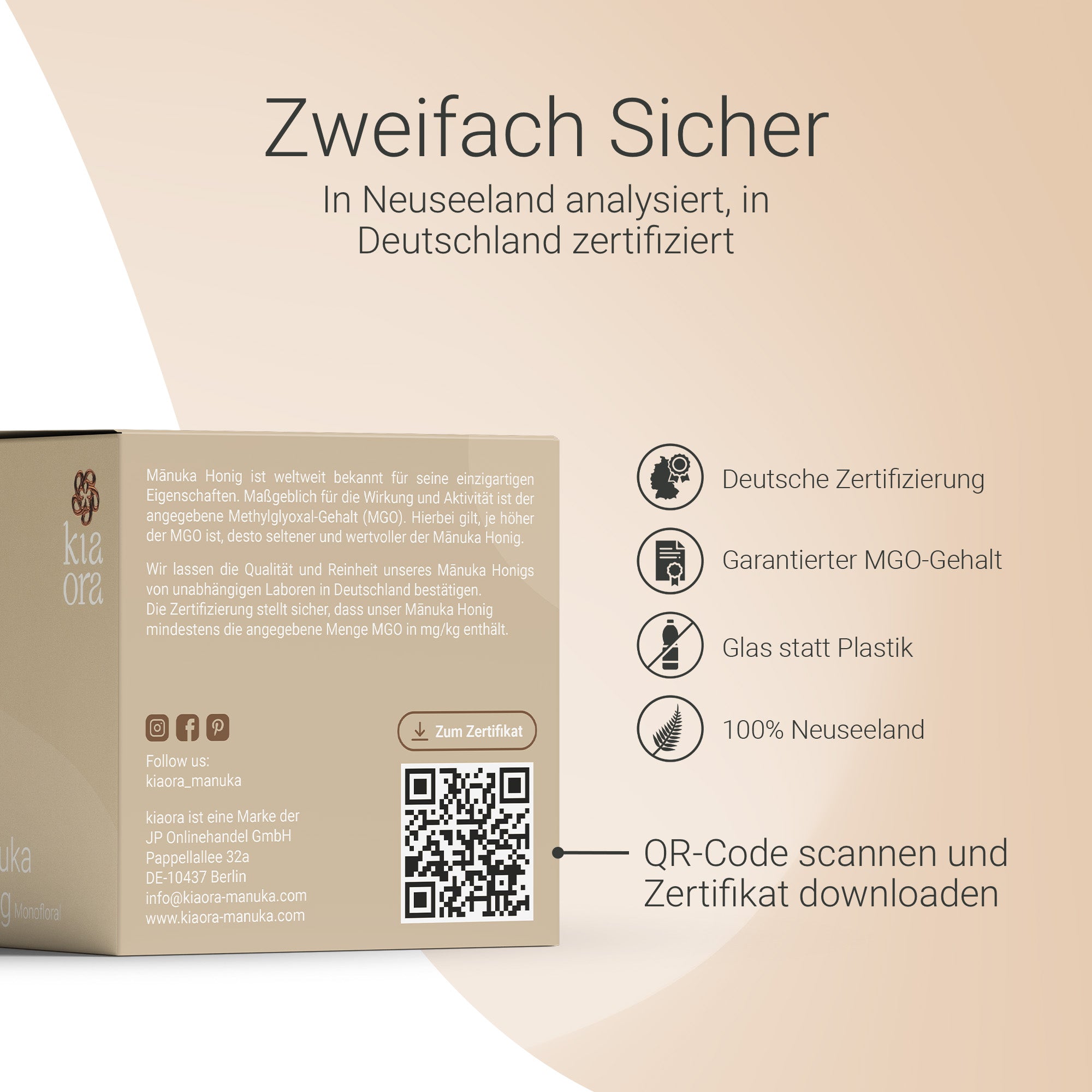 Rückseite von Kiaora Manuka Honig MGO 300+ mit QR-Code zum Laborzertifikat
