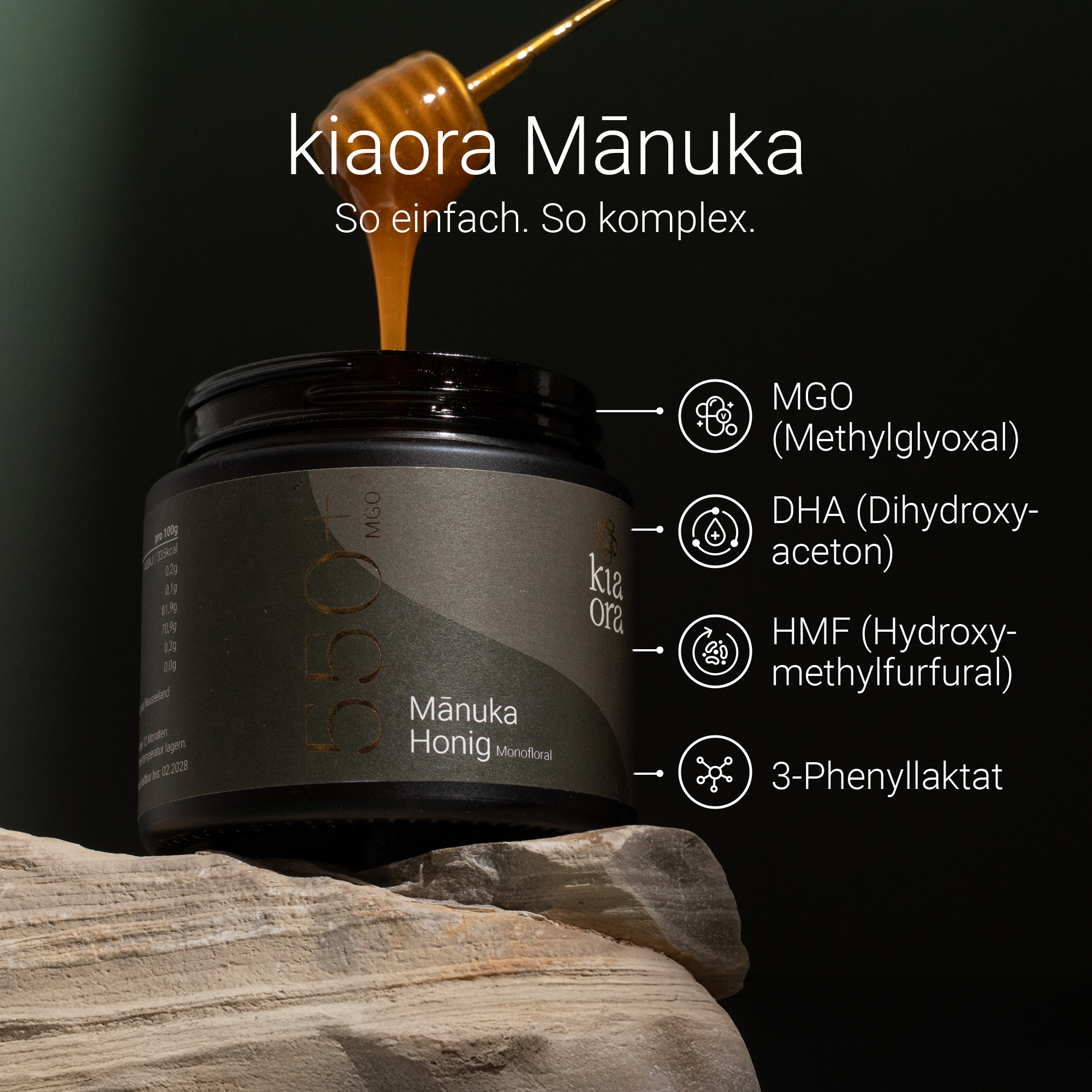 Erklärung der Qualitätsmarker MGO, DHA und HMF bei Kiaora Manuka Honig MGO 550+