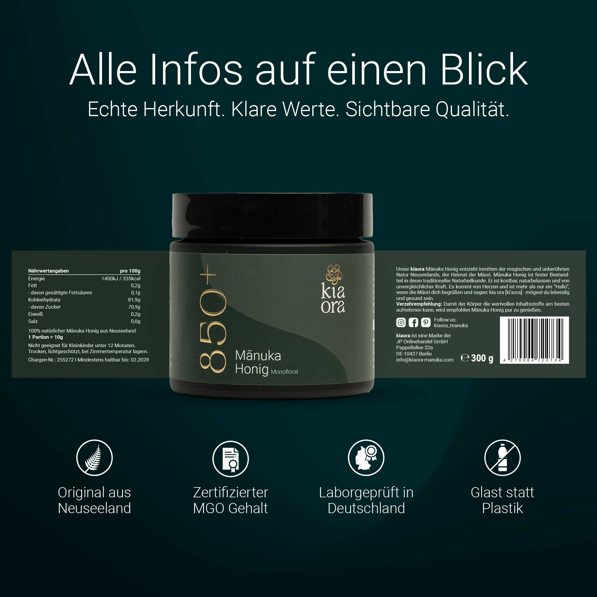 Alle wichtigen Informationen zu Kiaora Manuka Honig MGO 850+ mit Herkunft, Zertifikat und Braunglas