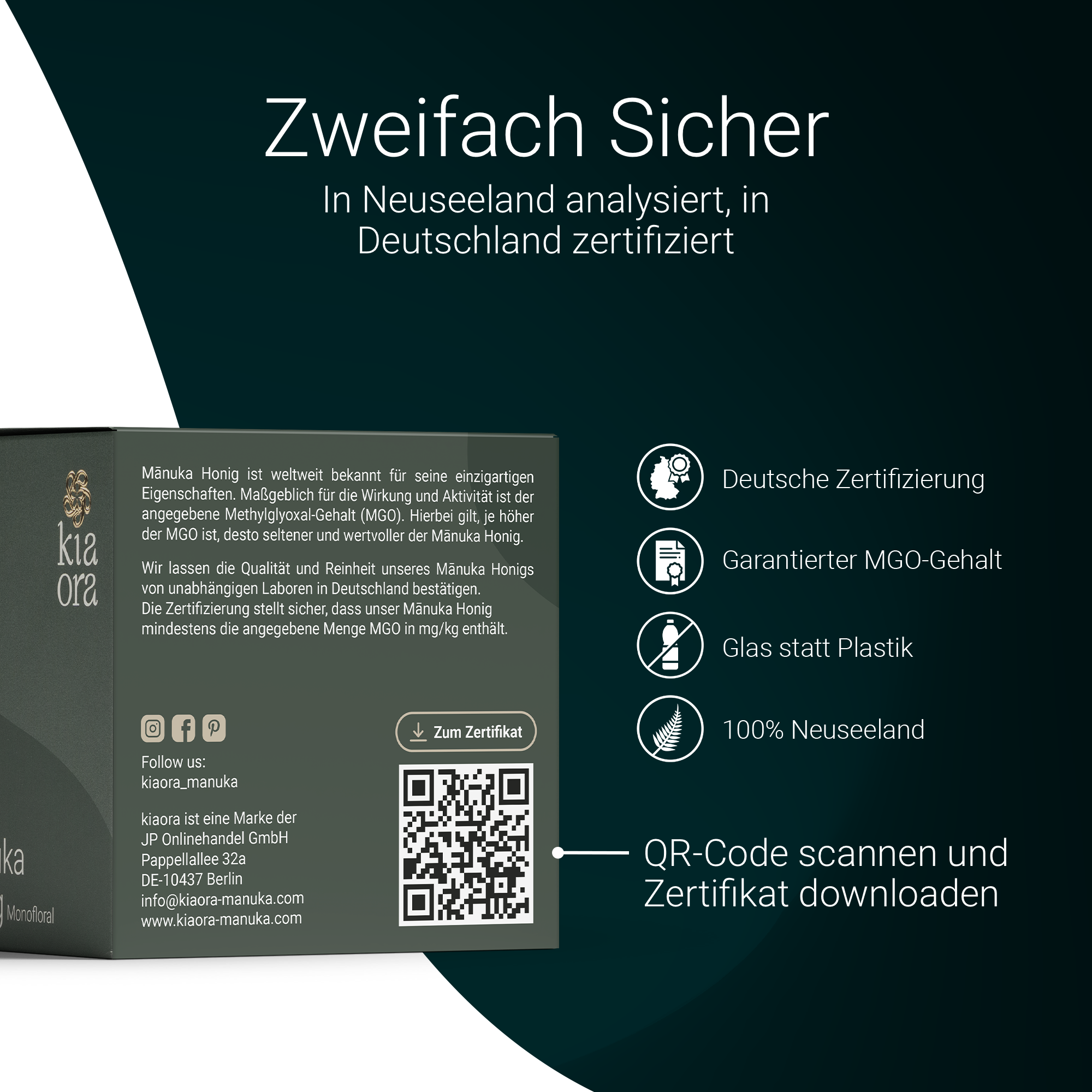 Rückseite von Kiaora Manuka Honig MGO 850+ mit QR-Code zum Laborzertifikat
