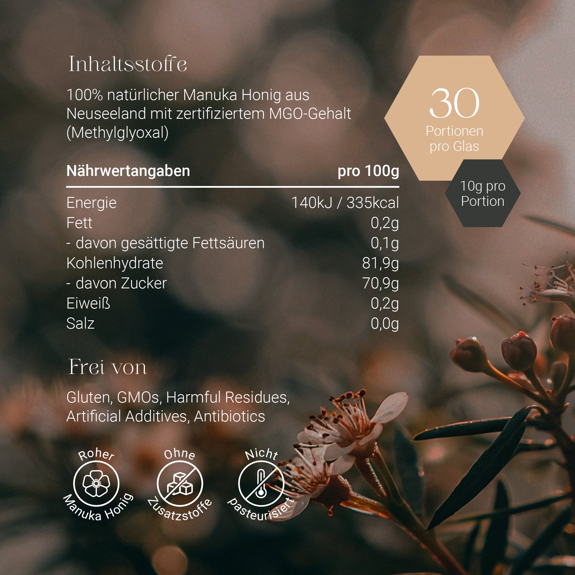 Nährwerte und Inhaltsstoffe von Kiaora Manuka Honig MGO