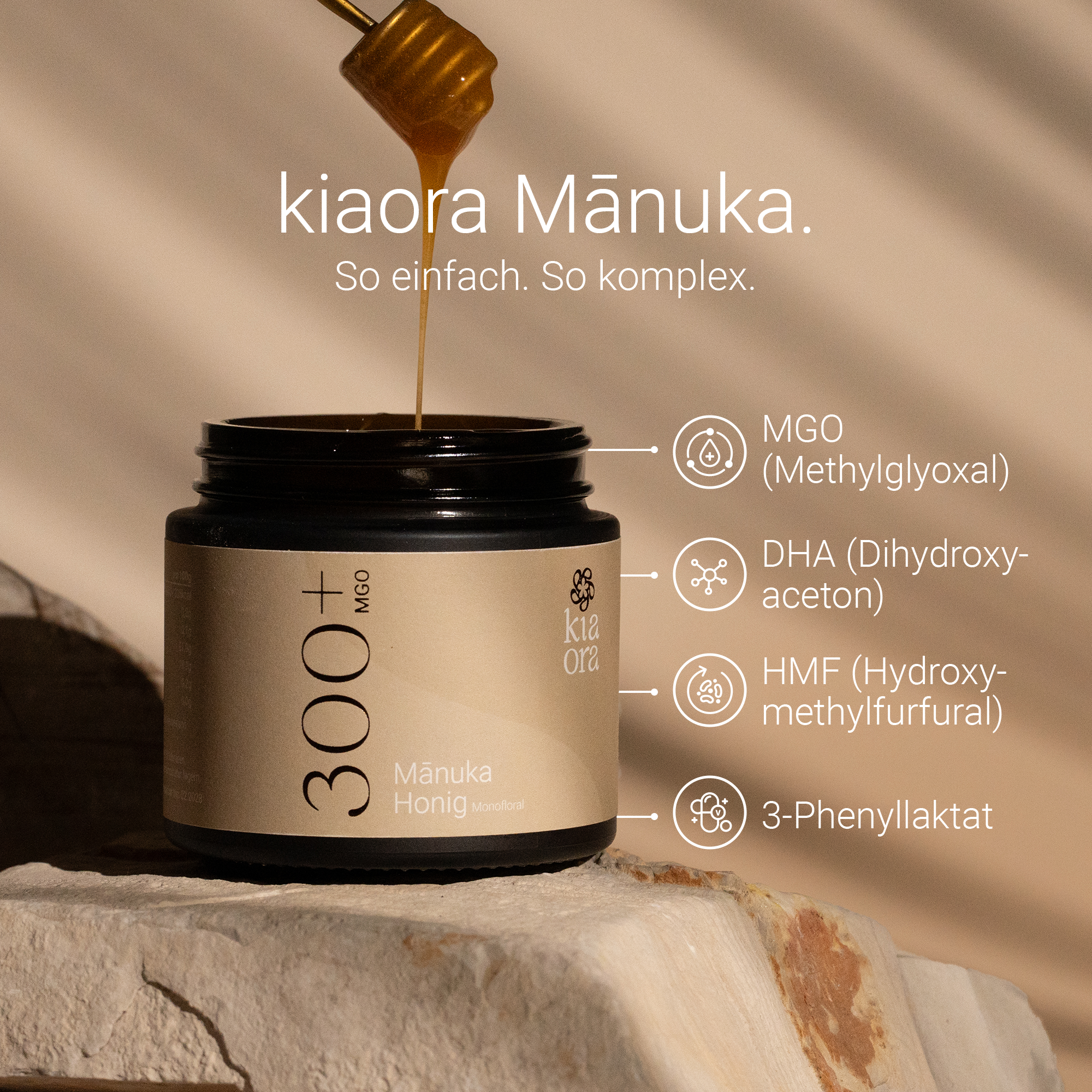 Erklärung der Qualitätsmarker MGO, DHA und HMF bei Kiaora Manuka Honig MGO 300+