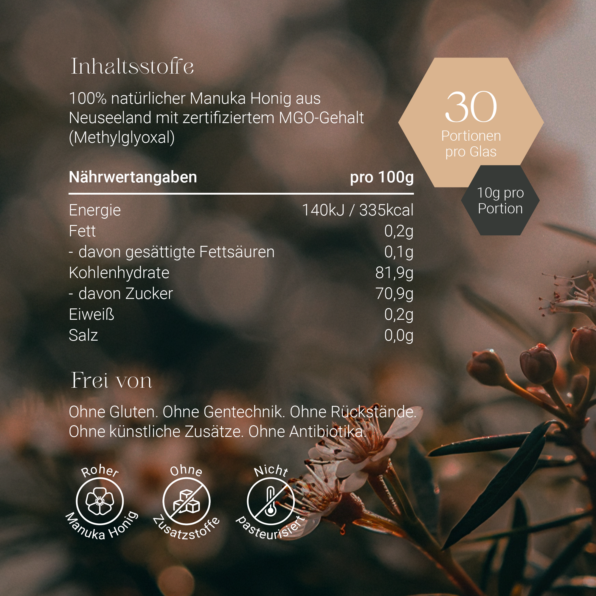 Nährwerte und Inhaltsstoffe von Kiaora Manuka Honig MGO 300+