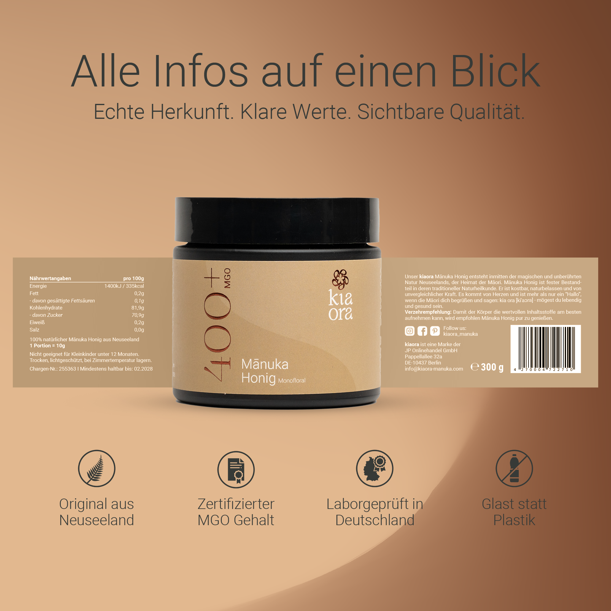 Alle wichtigen Informationen zu Kiaora Manuka Honig MGO 400+ mit Herkunft, Zertifikat und Braunglas