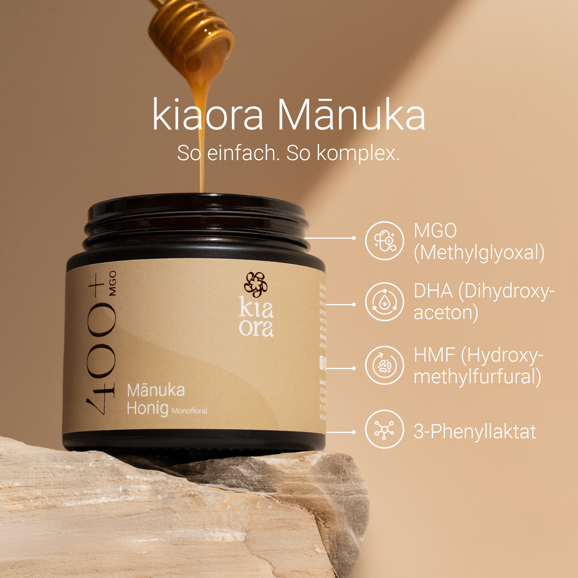Erklärung der Qualitätsmarker MGO, DHA und HMF bei Kiaora Manuka Honig MGO 400+