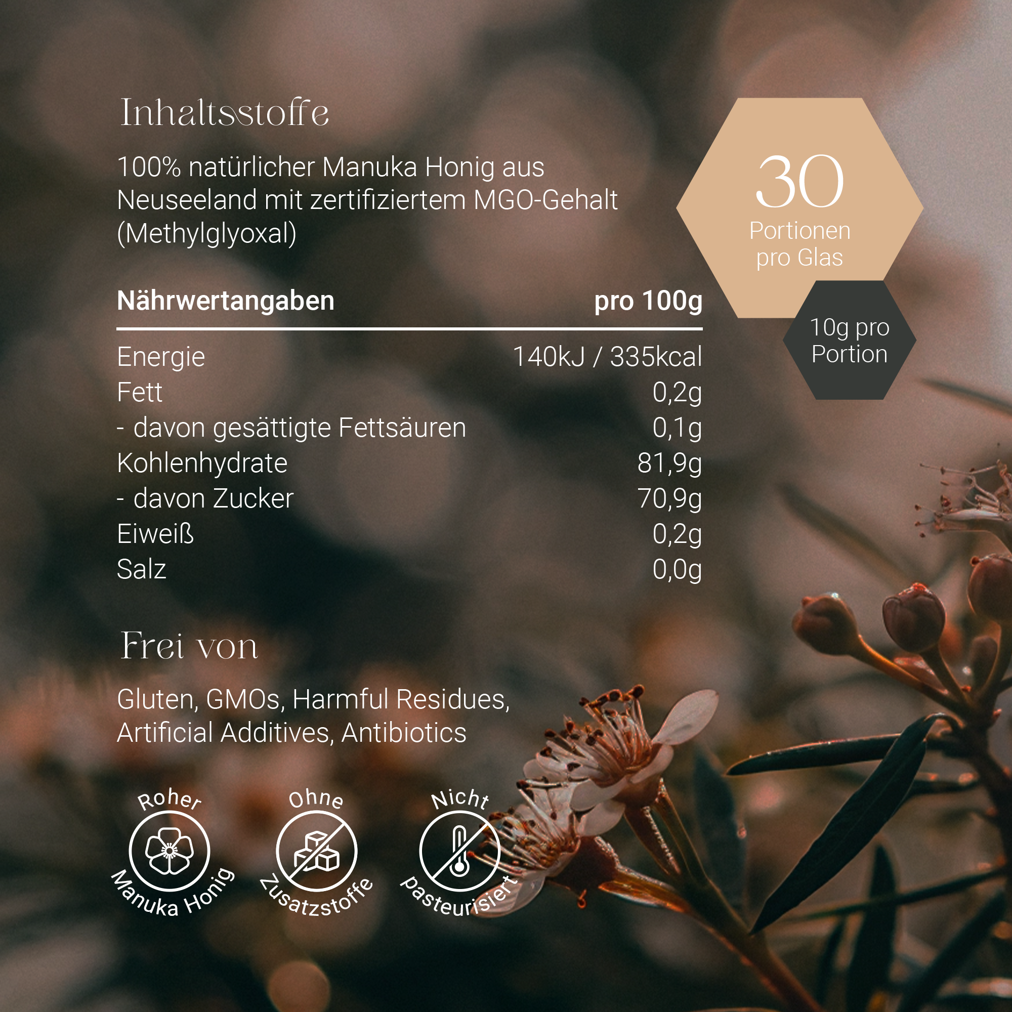 Nährwerte und Inhaltsstoffe von Kiaora Manuka Honig MGO 400+
