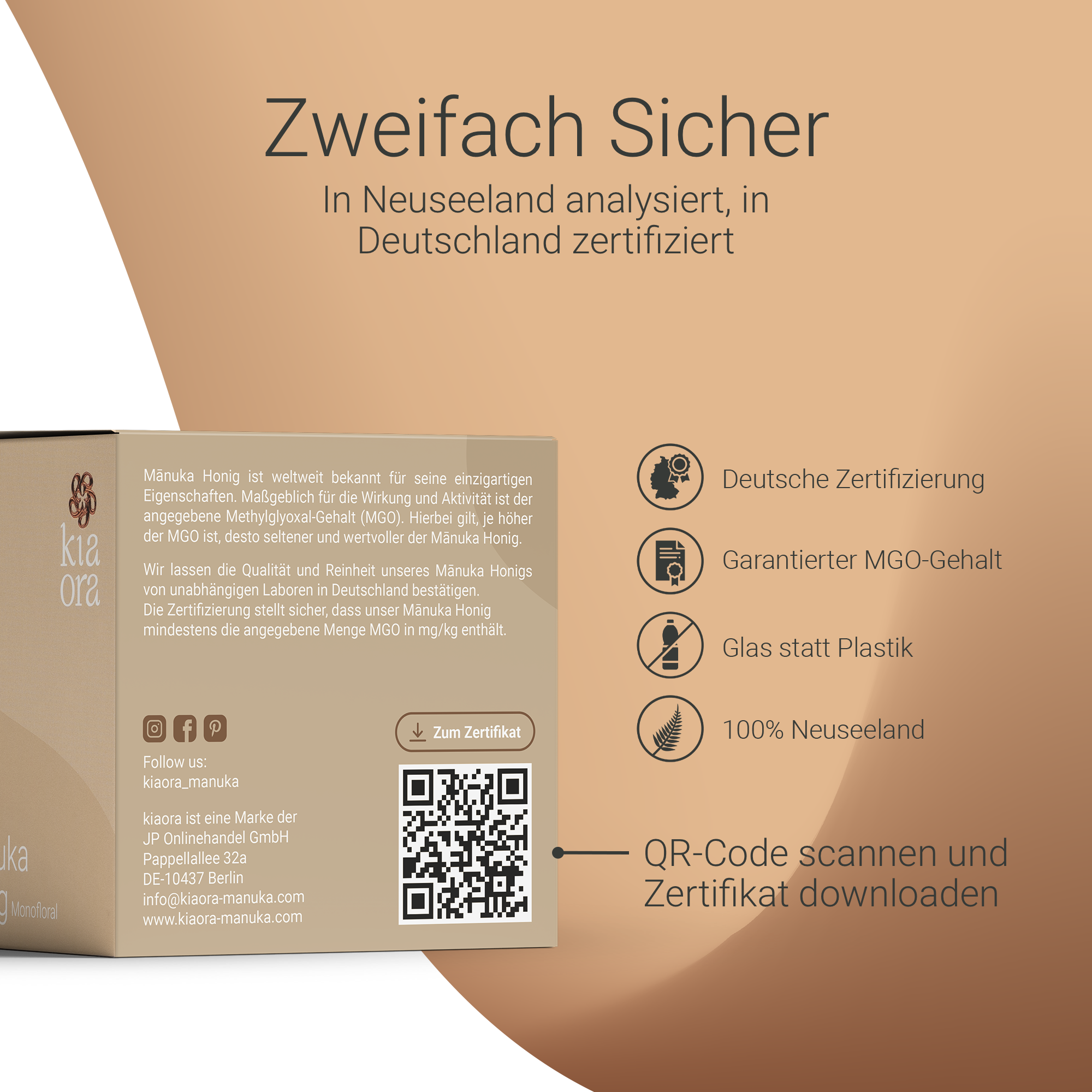 Rückseite von Kiaora Manuka Honig MGO 400+ mit QR-Code zum Laborzertifikat