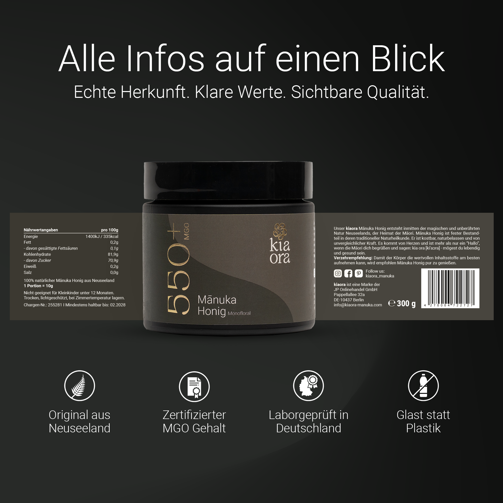 Alle wichtigen Informationen zu Kiaora Manuka Honig MGO 550+ mit Herkunft, Zertifikat und Braunglas