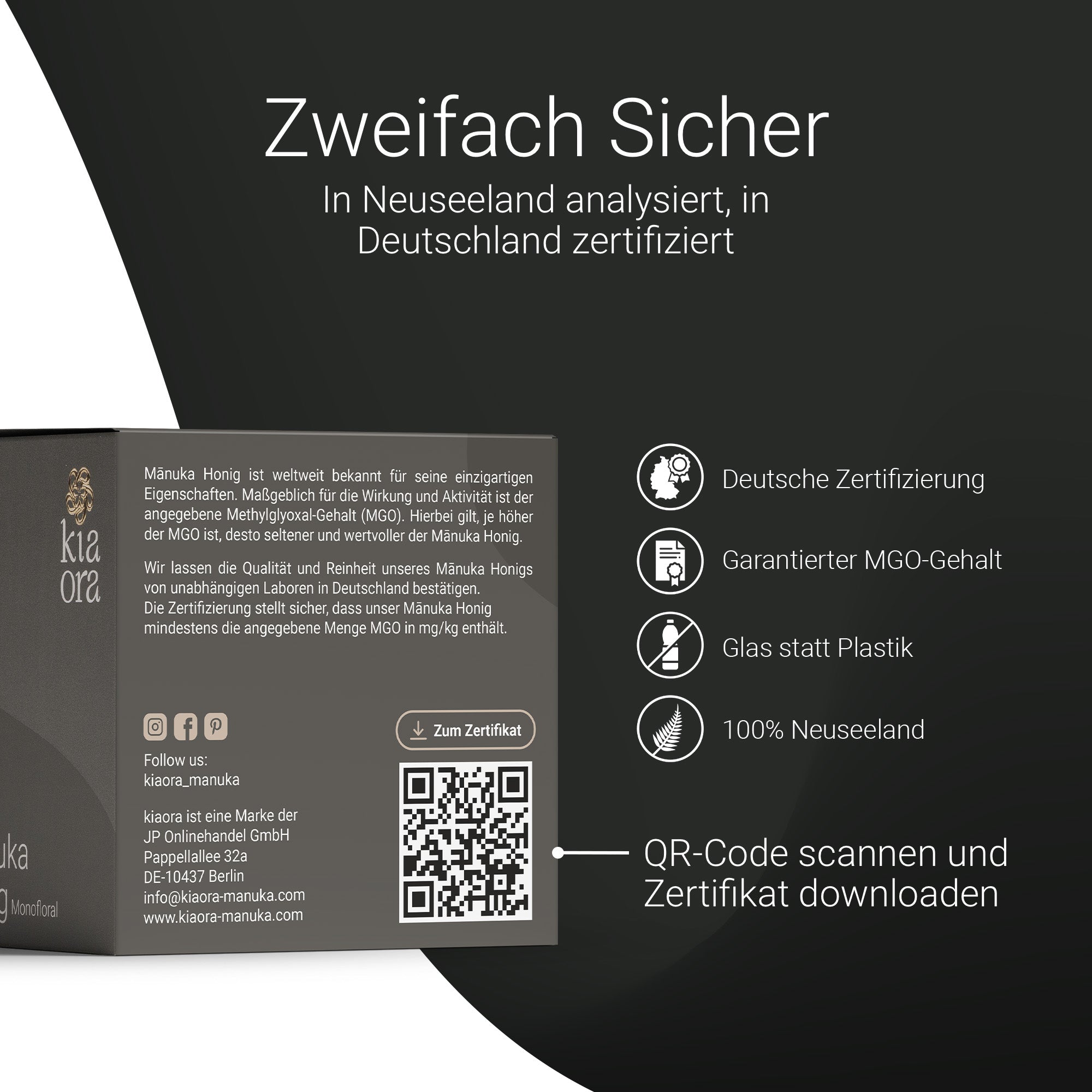 Rückseite von Kiaora Manuka Honig MGO 550+ mit QR-Code zum Laborzertifikat