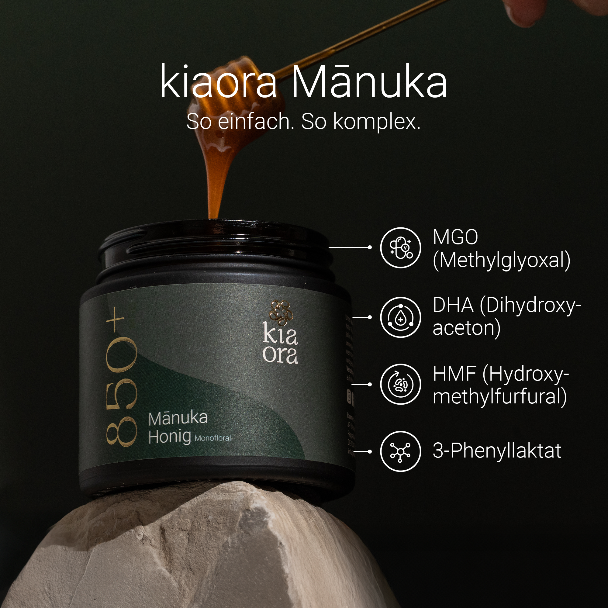 Erklärung der Qualitätsmarker MGO, DHA und HMF bei Kiaora Manuka Honig MGO 850+